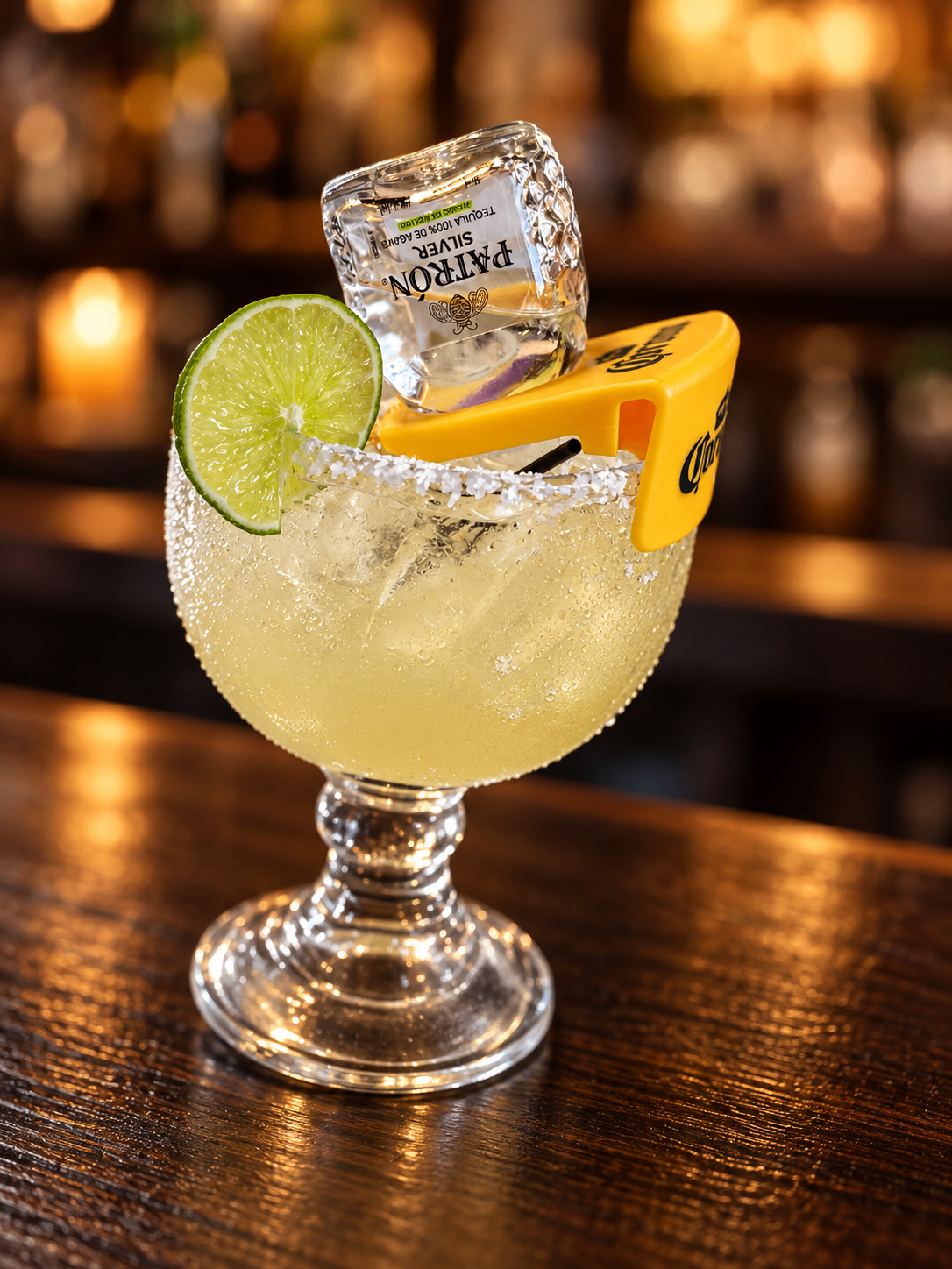 House margarita topped with a Patrón mini bottle at El Torito Mexican Grill